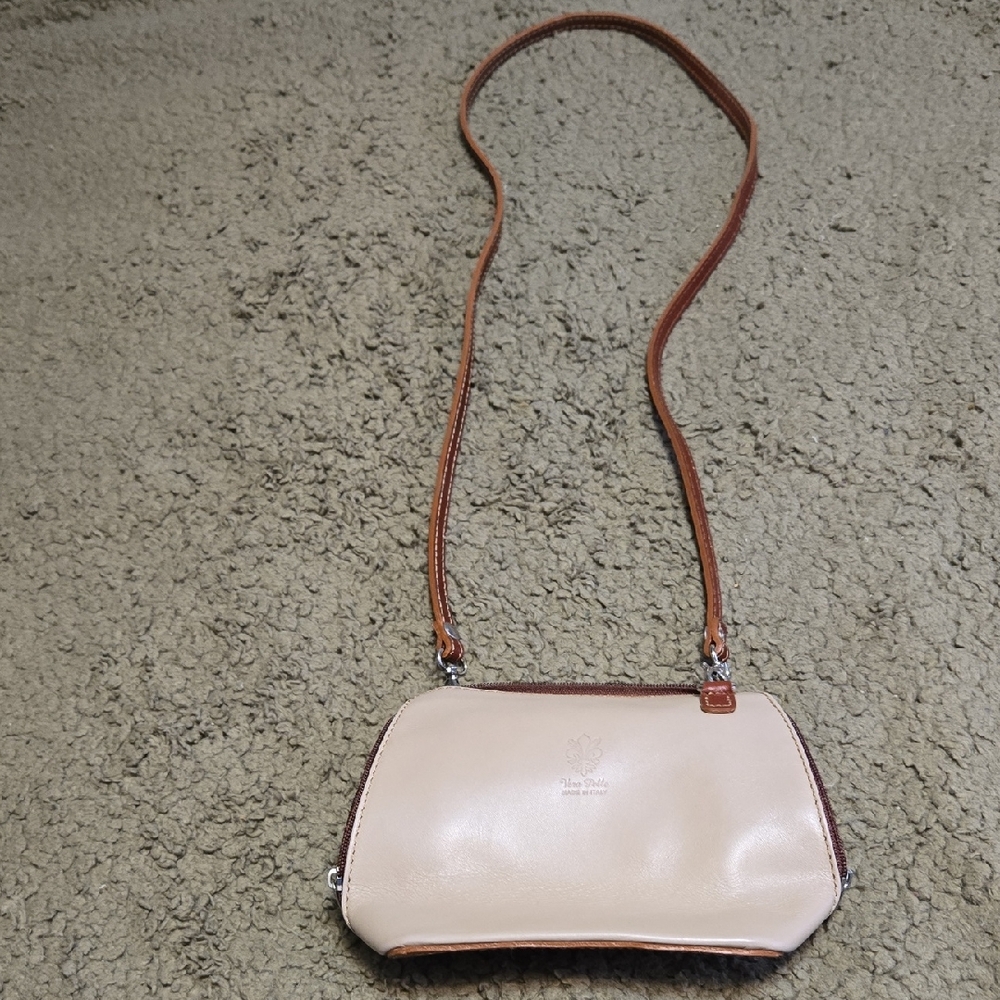 Vera Pelle Leather Cream and Brown Crossbody Bag Made In Italy